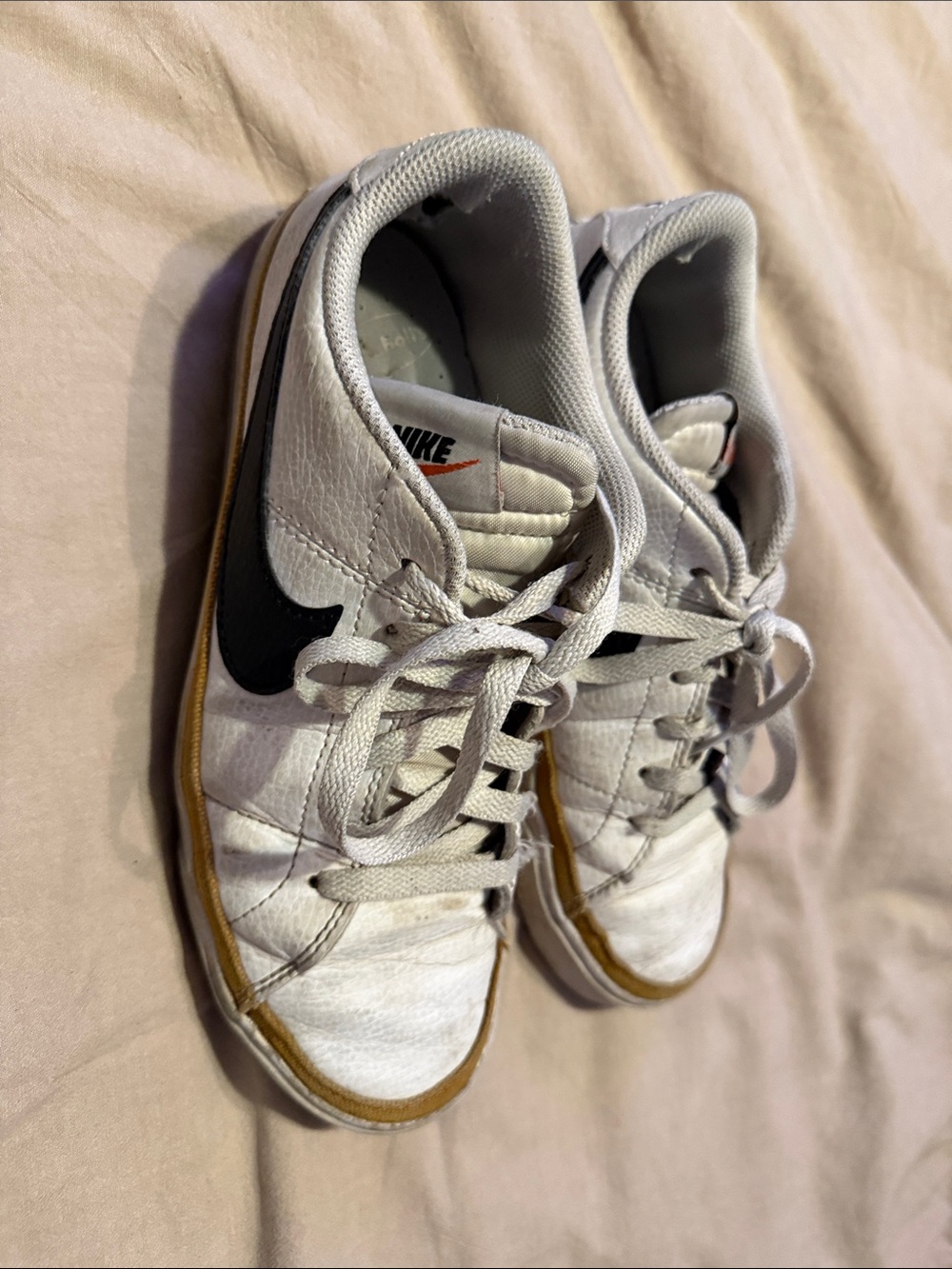 Nike White Sneakers with Black Swoosh and Tan Trim